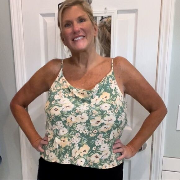 American Eagle woven green floral cowl neck adjustable straps XL - Picture 1 of 9